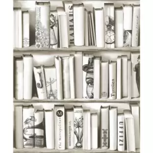 Image of Cream Beige Bookcase Wallpaper Library French Vintage Encyclopedia Retro Muriva