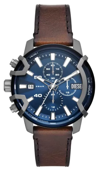 image of Diesel DZ4604 Griffed Brown Leather Strap Blue Dial Watch