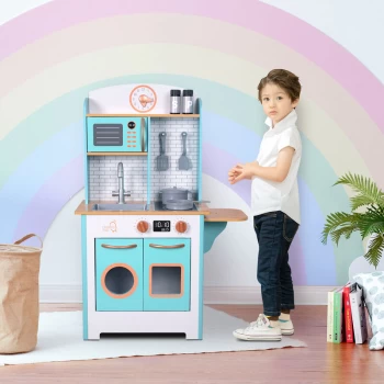 Image of Little Chef Small Retro Wooden Play Kitchen Toy Pretend Play Set with Interactive Features & 7 Role Play Accessories Blue/White TD-13629A