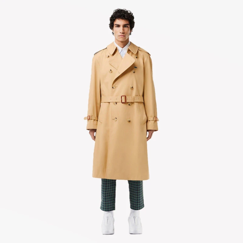 Image of Lacoste Mens Water-Resistant Double-Breasted Belted Trench Coat Croissant male XS