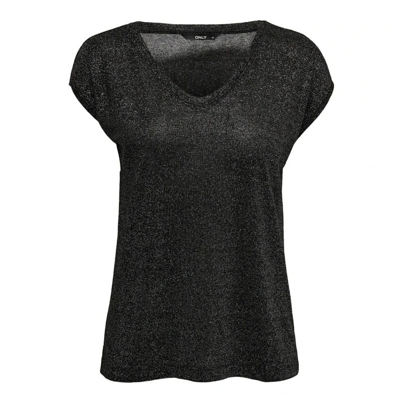 Image of Only Womens T-Shirt Only Silvery manches courtes col V lurex Noir Female XL