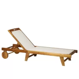 image of Outsunny Outdoor Acacia Wood Texteline Beach Sun Lounger Garden Patio Sunbed Recliner Chaise Adjustable Backrest with Wheels