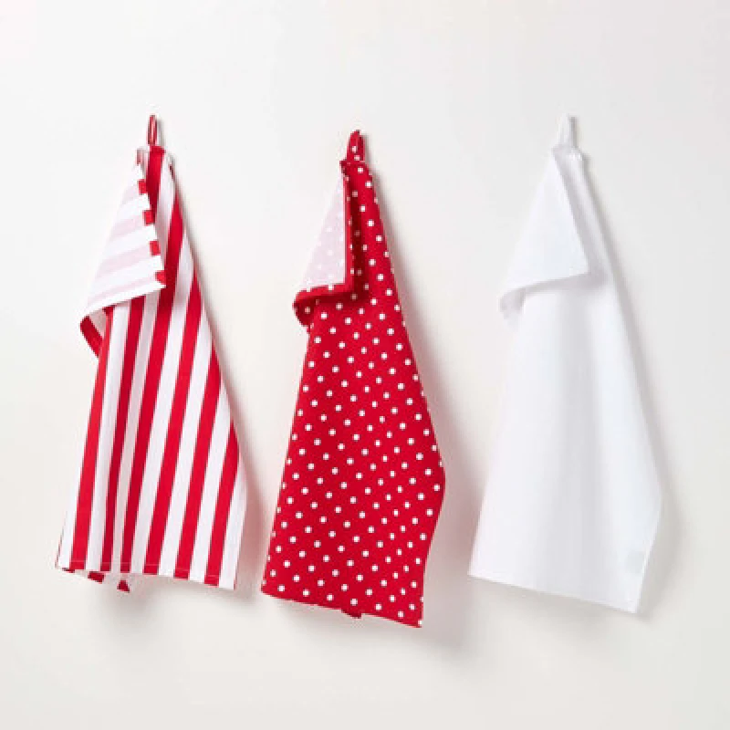 Image of Homescapes Red Polka Dot Cotton Tea Towels Set Of Three Red unisex