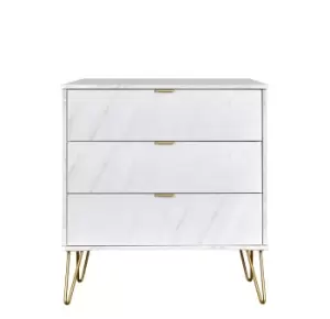 image of Hirato Ready Assembled 3 Drawer Chest Marble Gold Metal Hairpin Legs