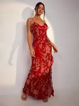 Image of Boohoo Floral Strappy Frill Detail Maxi Dress - Red, Size 10, Women