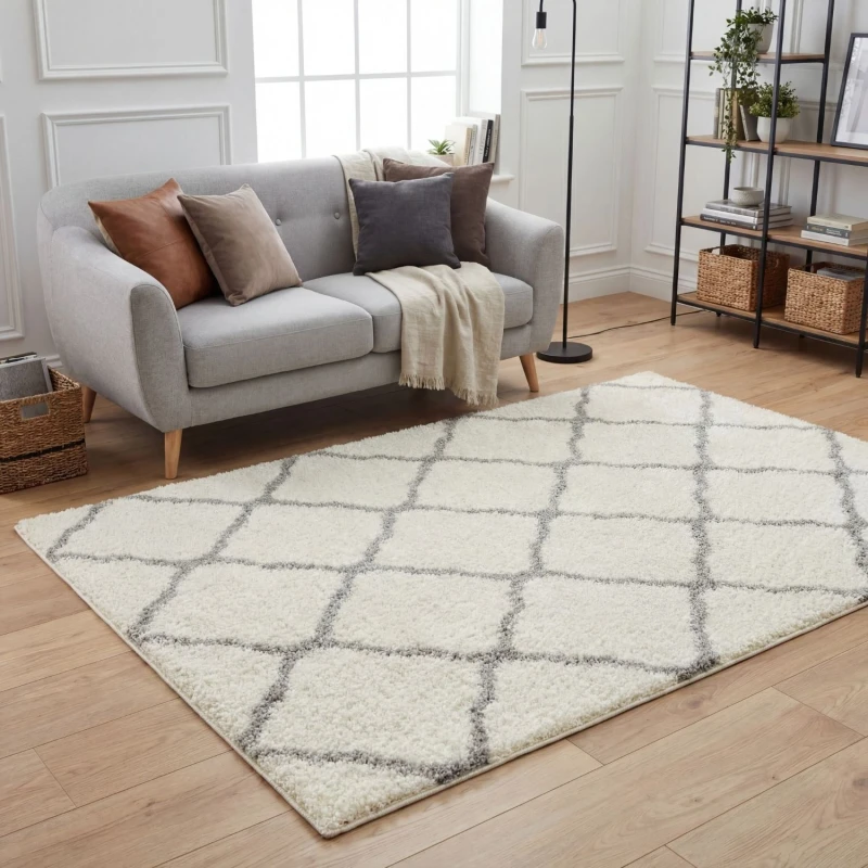Image of THE RUGS Soft Moroccan Shaggy Rugs & Runners Ivory & Grey Living Room Size: 80cm x 300cm Ivory Unisex 80cm x 300 cm