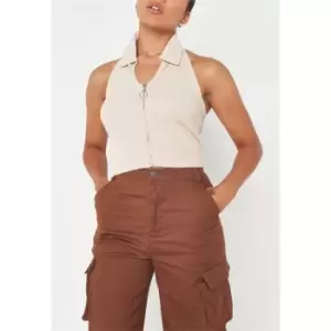 image of Missguided Petite V Neck Balloon Sleeve Satin Crop Top - Neutral