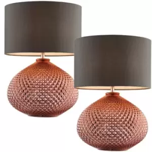 Image of 2 PACK Modern Textured Table Lamp Copper Glass Base & Grey Shade Bedside Light
