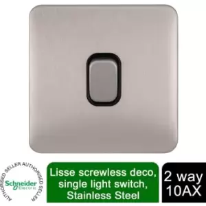 image of Schneider Electric Lisse Screwless Deco - Single 2 Way Light Switch, 10AX, GGBL1012BSS, Stainless Steel with Black Insert