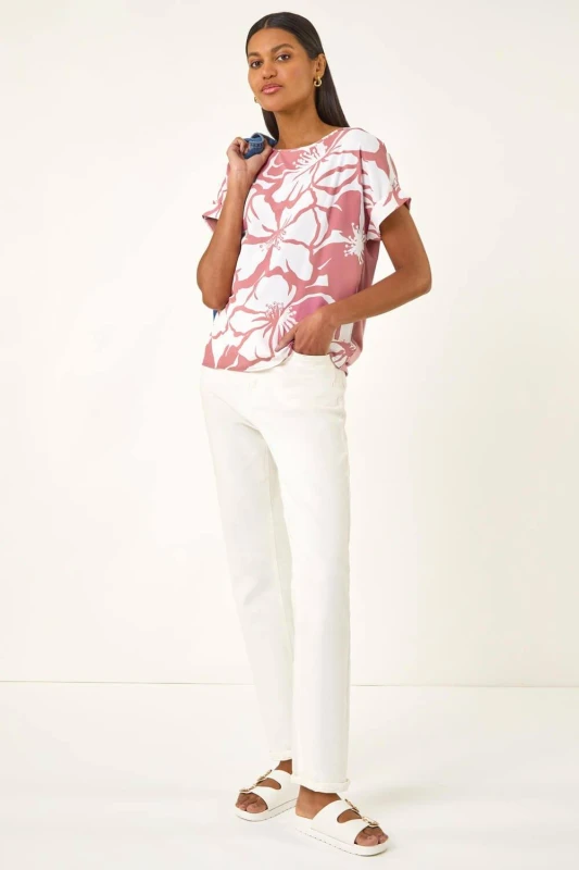 Image of Roman Womens Floral Print Jersey Back Top in Pink Size: 16 Pink Female 16