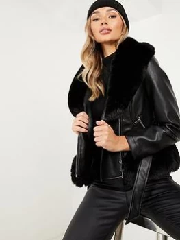 image of Quiz Black Faux Fur Trim Biker Jacket - 12