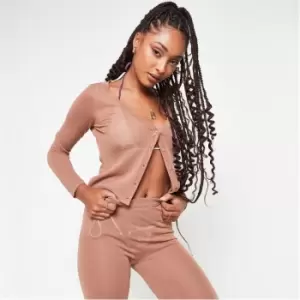 image of Missguided Sheer Knit Button Front Top - Brown