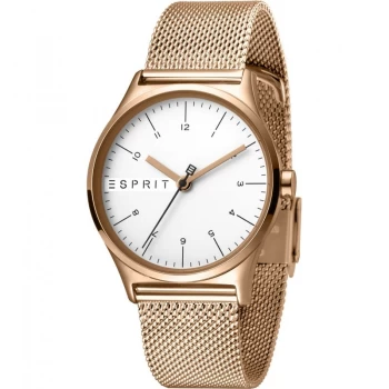 Image of Esprit Essential Womens Watch featuring a Stainless Steel Mesh, Rose gold Coloured Strap and Silver Dial