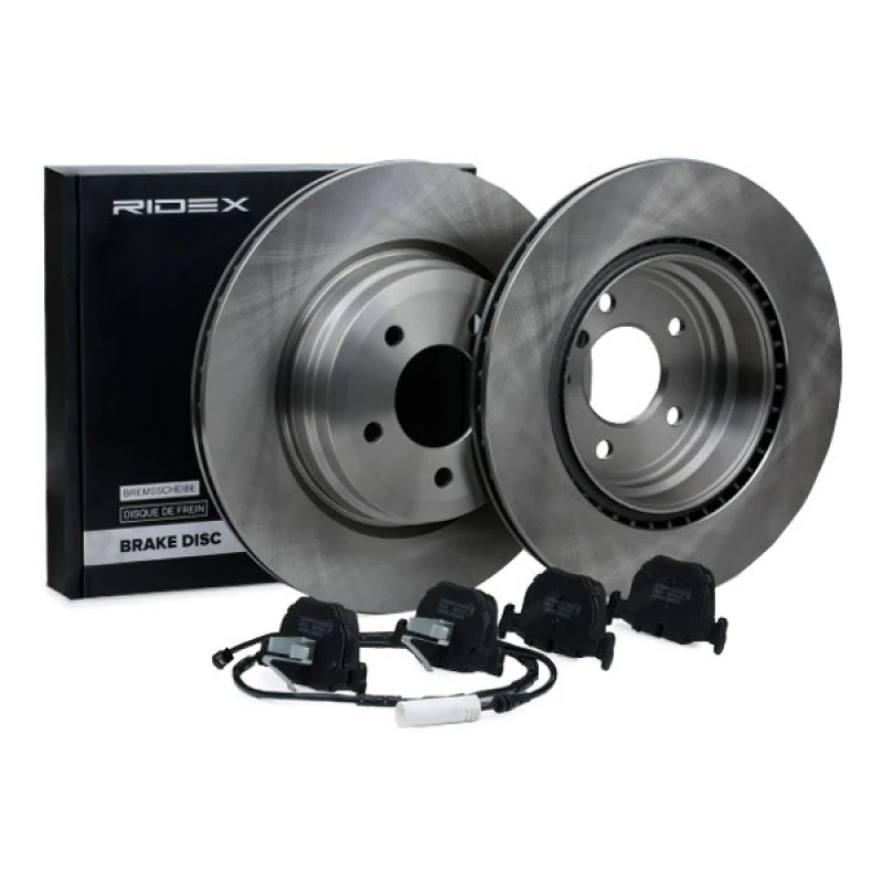 Image of RIDEX 3405B1741 Brake disc and pads set Rear Axle, Brake Disc Type: internally vented, prepared for wear warning indicator, with piston clip Brake Se