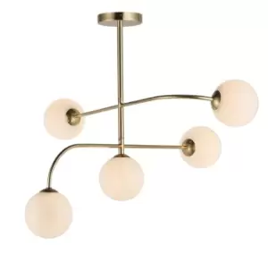 image of Semi Flush Ceiling Light Satin Brass Plate & Opal Glass 5 x 3W LED G9