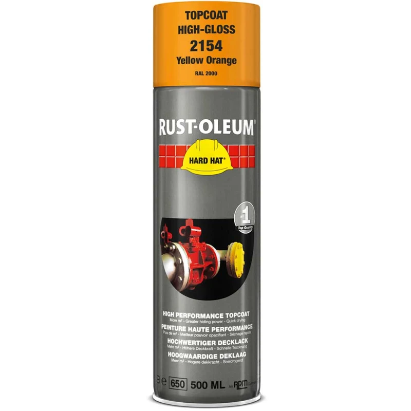 Image of Rust Oleum Hard Hat Metal Spray Paint 2154 Colour: Yellow Orange