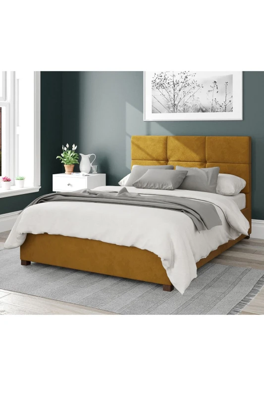 Image of Aspire Aspire Caine Upholstered Ottoman Storage Bed, Plush Velvet Fabric in Mustard Size: Double Mustard Double Unisex 5057632188335