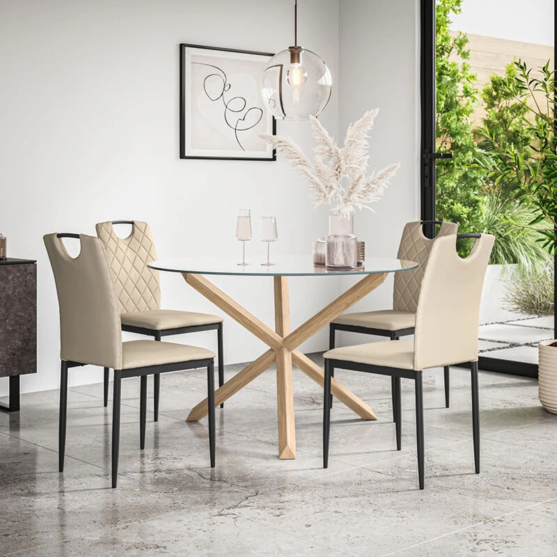 Image of More4Homes Malvern Round Dining Table & Chairs - Clear Glass Table Top w Solid Oak Legs + Monza Faux Leather Dining Chair Set Of 4 in Beige Beige Unis