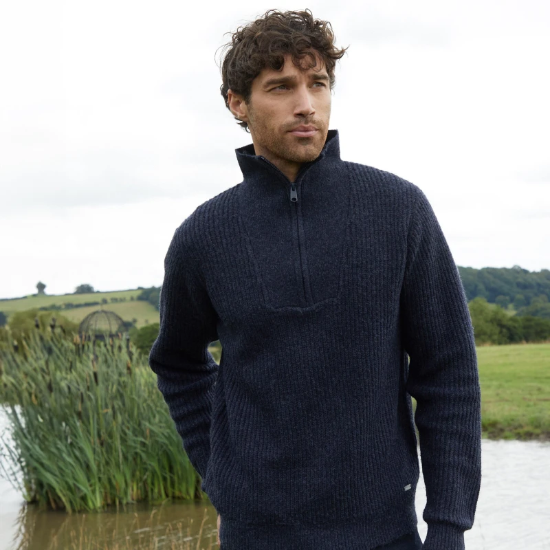 Image of Threadbare 'Barnhill' Quarter Zip Knitted Jumper Navy