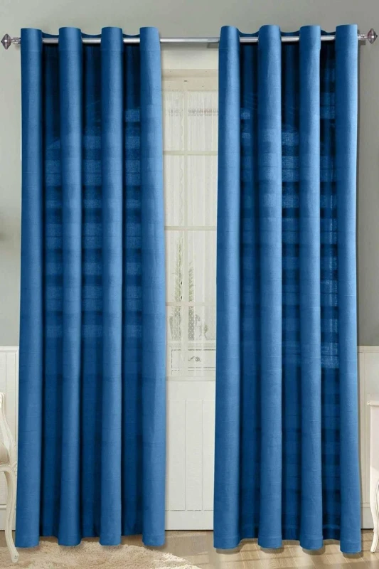 Image of Homescapes Cotton Rajput Ribbed Blue Curtain Pair, 66 X 72" Drop