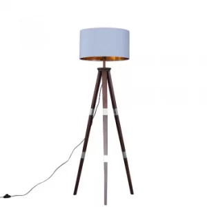 Image of Willow Dark Wood Tripod Floor Lamp with XL Grey and Gold Reni Shade