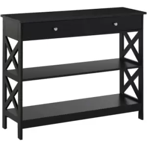 image of Console Table Side Desk Shelves Drawers Open Top X Support Hallway Black - Homcom