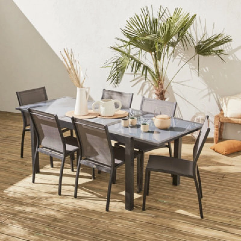 Image of Sweeek - 6-Seater Extendable Aluminium Garden Table Set With Chairs Grey 210X90X75cm - Orlando