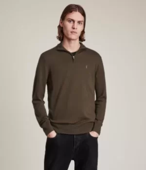 Image of AllSaints Mens Kilburn Zip Funnel Jumper, Green, Size: L