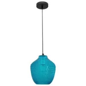 image of Fulton Dome Pendant Ceiling Light Blue Glass Black Metal LED E27 - Merano