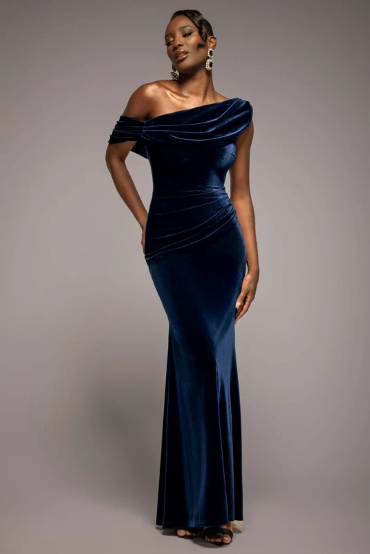 Image of Goddiva Womens Cowl One Shoulder Velvet Maxi Dress in Navy Size: 16 Navy Female 16
