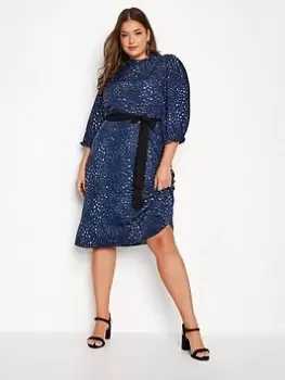 Image of Yours Animal Ruffle Neck Dress, Blue, Size 16, Women