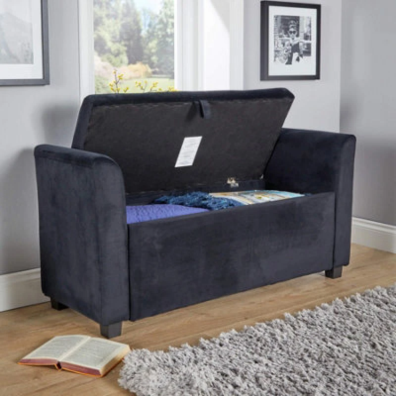 Image of Home Source Verona Black Velvet Window Seat Storage Box Ottoman