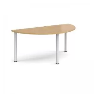 image of Semi circular white radial leg meeting table 1600mm x 800mm - oak