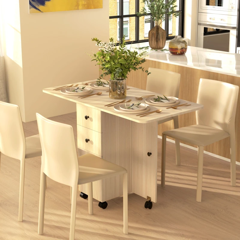 Image of HOMCOM Folding Dining Table - Drop Leaf Table With Drawers Distressed - Natural Wood TJ Hughes Oak 5061025091461
