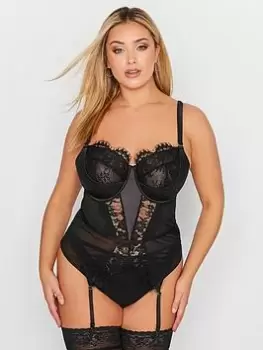 Image of Yours Boudoir Lace Satin Trim Suspender Basque - Black, Size 44D, Women