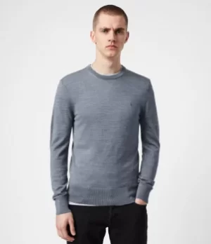 image of AllSaints Mens Mode Merino Crew Jumper, Twilight Blue Marl, Size: XXL