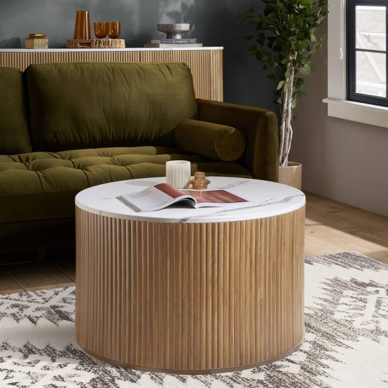 Image of Birlea Kagu Coffee Table Fluted Ribbed Oak & Marble effect in Light Oak Size: 1 Pack Light Oak Unisex 1 Pack