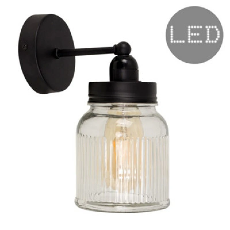 Image of ValueLights Cambourne Ribbed Black Indoor Wall Lantern with 4w LED Bulb Black