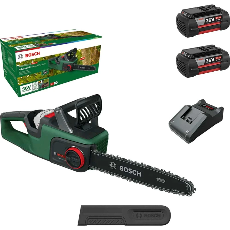 Image of Bosch ADVANCEDCHAIN 36V-35-40 36v Cordless Chainsaw 350mm ADVANCEDCHAIN 36V-35-40 Batteries: 2 x 6ah Li-ion