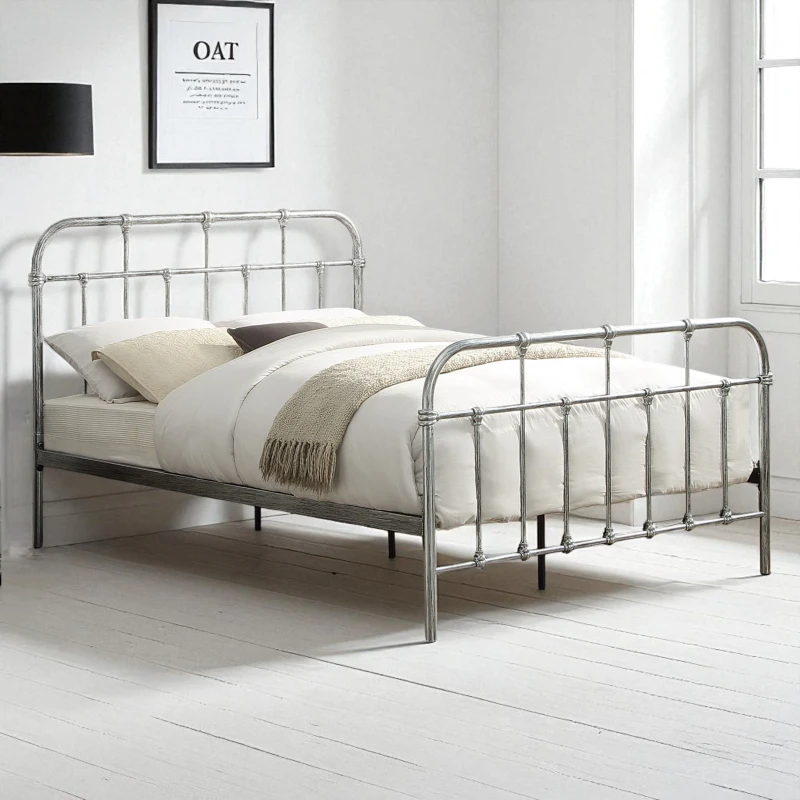 Image of OAT Home Camden Victorian Vintage Hospital Style Steel Effect Metal Bed Frame in Silver Size: Single Silver Unisex Single