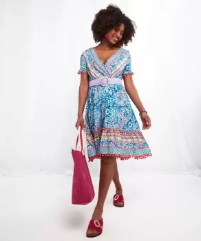 Image of Pom Pom Trim Kimono Sleeve Wrap Front Mini Dress