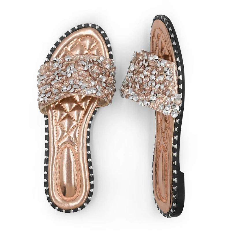 Image of Wheres That From Rose Gold Belle Diamante Sparkly Flat Sliders Rosegold female 6