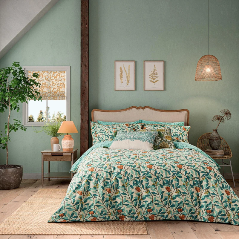 Image of Morris and Co Abrutus Cotton Percale Duvet Cover Set Turquoise unisex Double