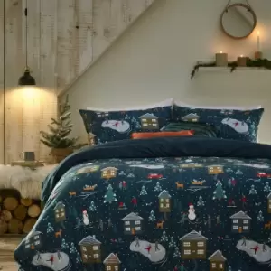 image of Christmas Winter Pine Print Duvet Cover Set, Navy Blue, Single - Furn