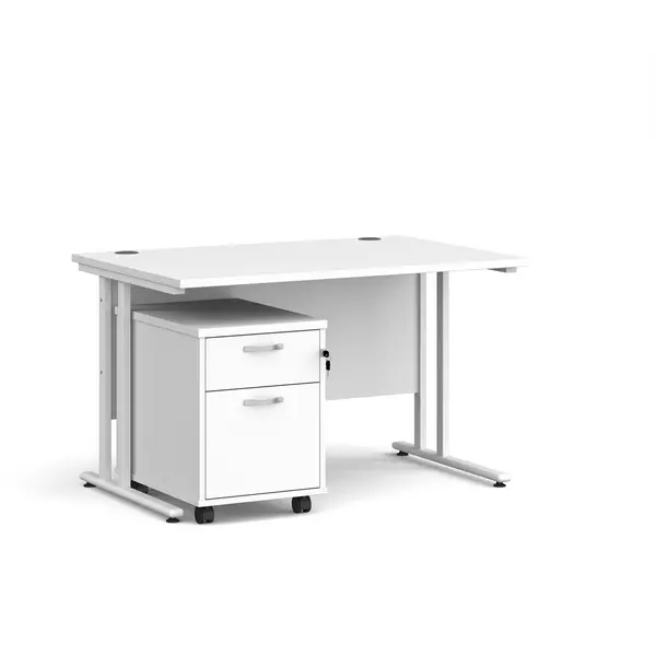 image of Maestro 25 Straight Desk with White Cantilever Frame and 2 Drawer Pedestal - White - 1200mm x 800mm