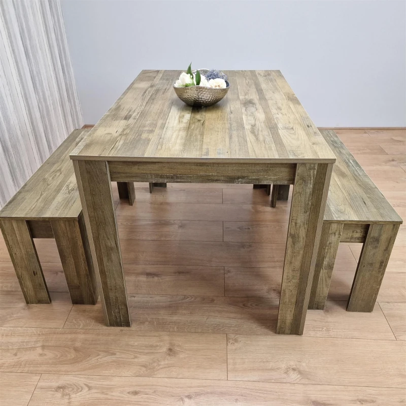 Image of KOSY KOALA KOSY KOALA Dining Table and 2 Benches Rustic Effect Wood Table Rustic Benches Dining Room in Brown Size: 140cm x 80cm Brown 140cm x 80cm
