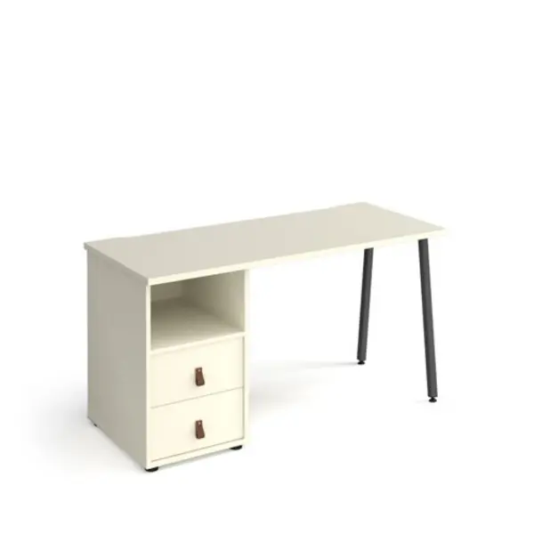 Image of Sparta straight desk 1400mm x 600mm with A-frame leg and support pedestal with drawers - charcoal frame, white finish with white drawers