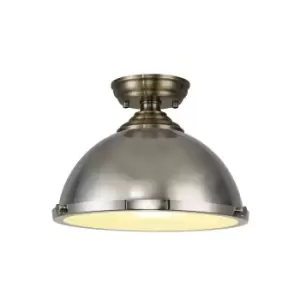 image of Dresden Flush Ceiling Lamp E27 With Round 31cm Metal Shade Antique Brass, Polished Nickel, Frosted White