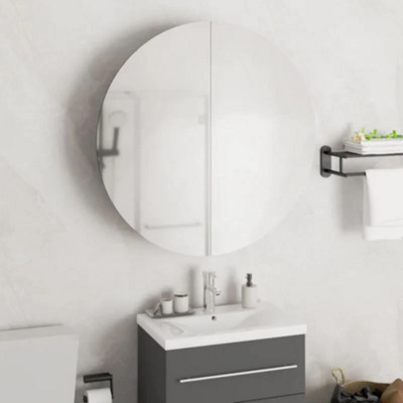 Image of vidaXL Bathroom Cabinet with Round Mirror&LED Black 54x54x17.5 cm, Black 345588