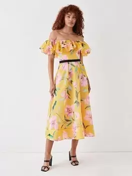 Image of COAST Organza Bardot Frill Midi Dress - Yellow, Yellow, Size 8, Women